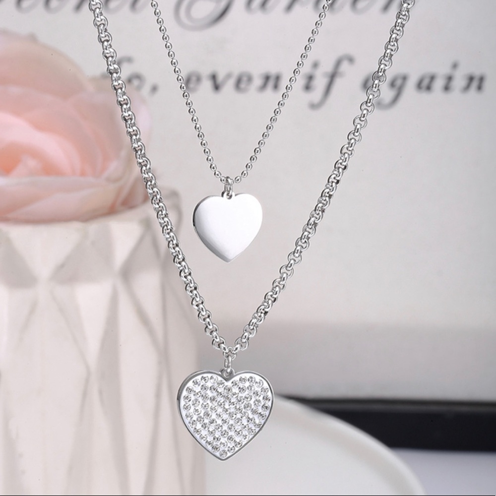 Rhinestone heart drop double chain necklace